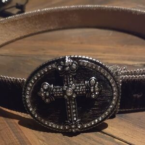 Rhinestone Cross Oval Buckle Belt - Brown/Black